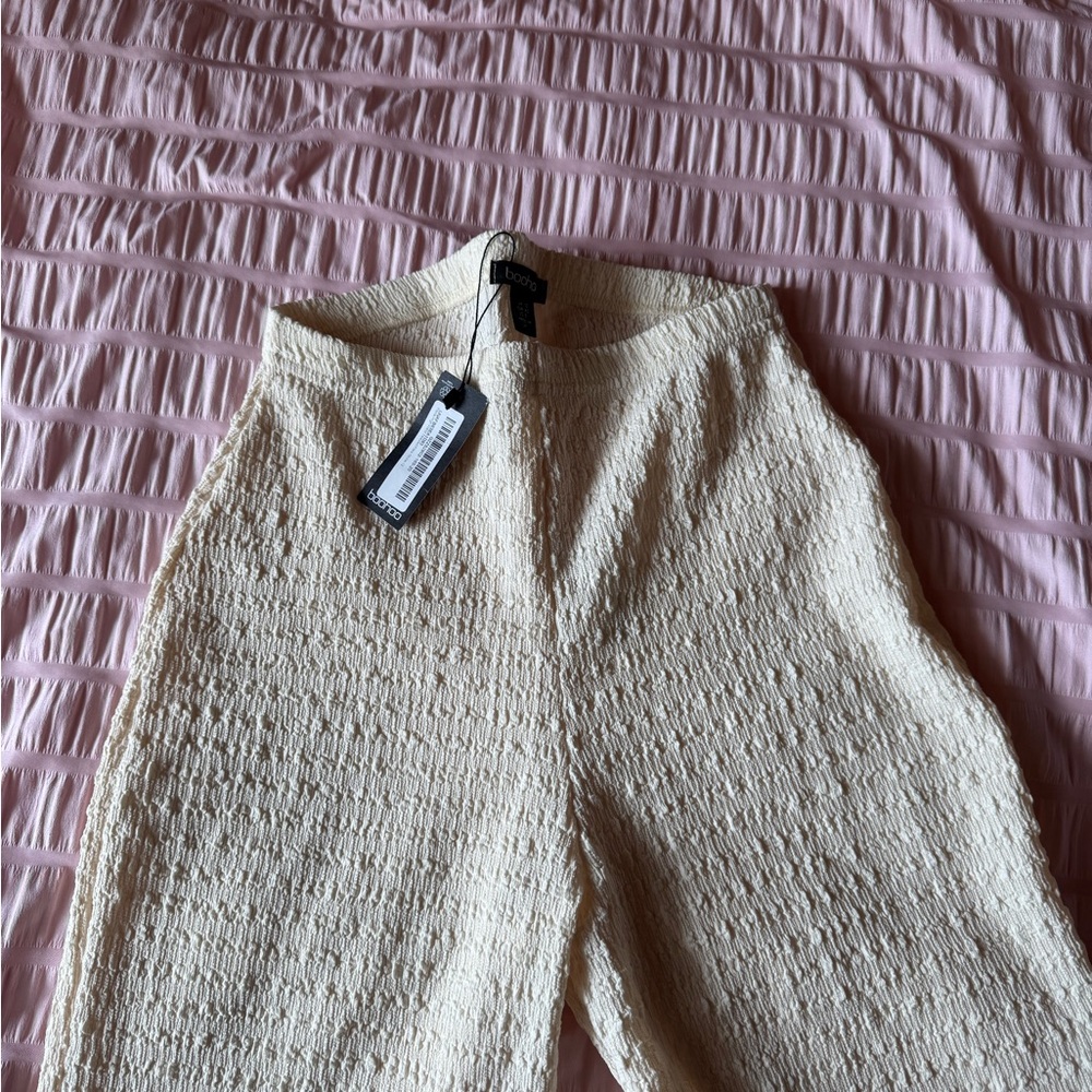 Boohoo Cream Textured High-Waist Trousers